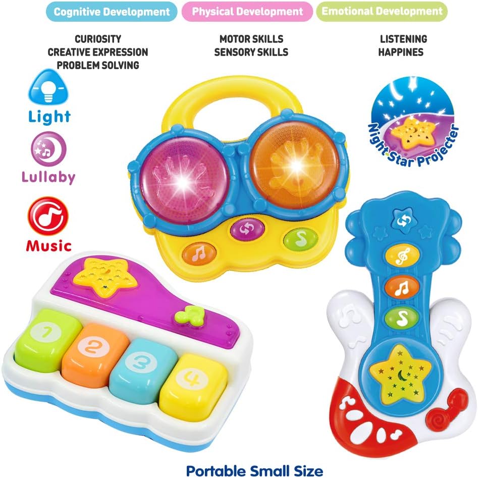 WEofferwhatYOUwant Baby Musical Instrument Set, Piano, Bongos & Guitar with Light-Up Projector & Songs, Blue, Red, White - Image 5