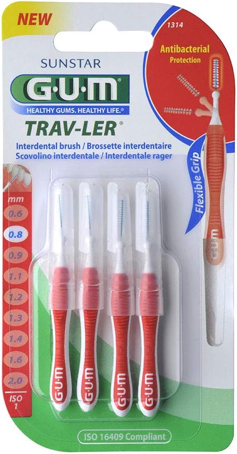 GUM Proxabrush Trav-ler 4 Interdental Brushes - Model : 1314: 0,8 mm, Red, 6 Count (Pack of 1)