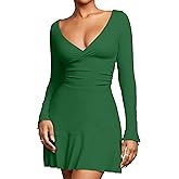 BEAGIMEG Women's Sexy Bodycon Long Sleeve Ruched Deep V A-Line Club Party Mini Dress