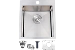 VC CUCINE VCCUCINE Bar Sink Drop in, 15 x 17 Inch Topmount RV Small Kitchen Sink, 16 Gauge Overmount Stainless Steel Laundry Wet Bar Sink, Top Mount Outdoor Single Bowl,Brushed Nickel Prep Sink with Accessories