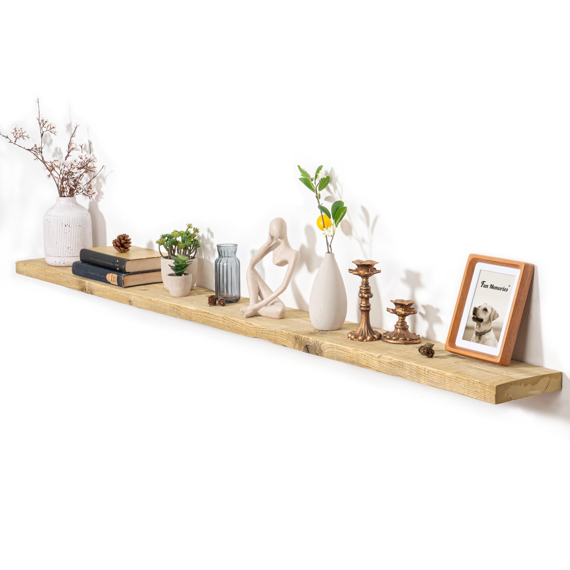 Photo 1 of Fun Memories Floating Shelves for Wall Decor, 72"x8" Rustic Reclaimed Wood Shelves, Heavy-Duty Wall Mounted Shelves with Invisible Brackets for Living Room, Bedroom, Kitchen, Natural Finish