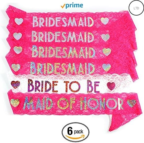 Bride &amp; Bridesmaid Sash for Bachelorette Party, Bridal Shower &amp; Wedding Party- Gorgeous Party Favors (set of 6)