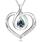 AGVANA Valentines Day Gifts Heart Birthstone Necklace for Women Sterling Silver Genuine or Created Gemstone Forever Love Pendant Necklace Fine Jewelry Anniversary Birthday Gifts for Women Mom Wife