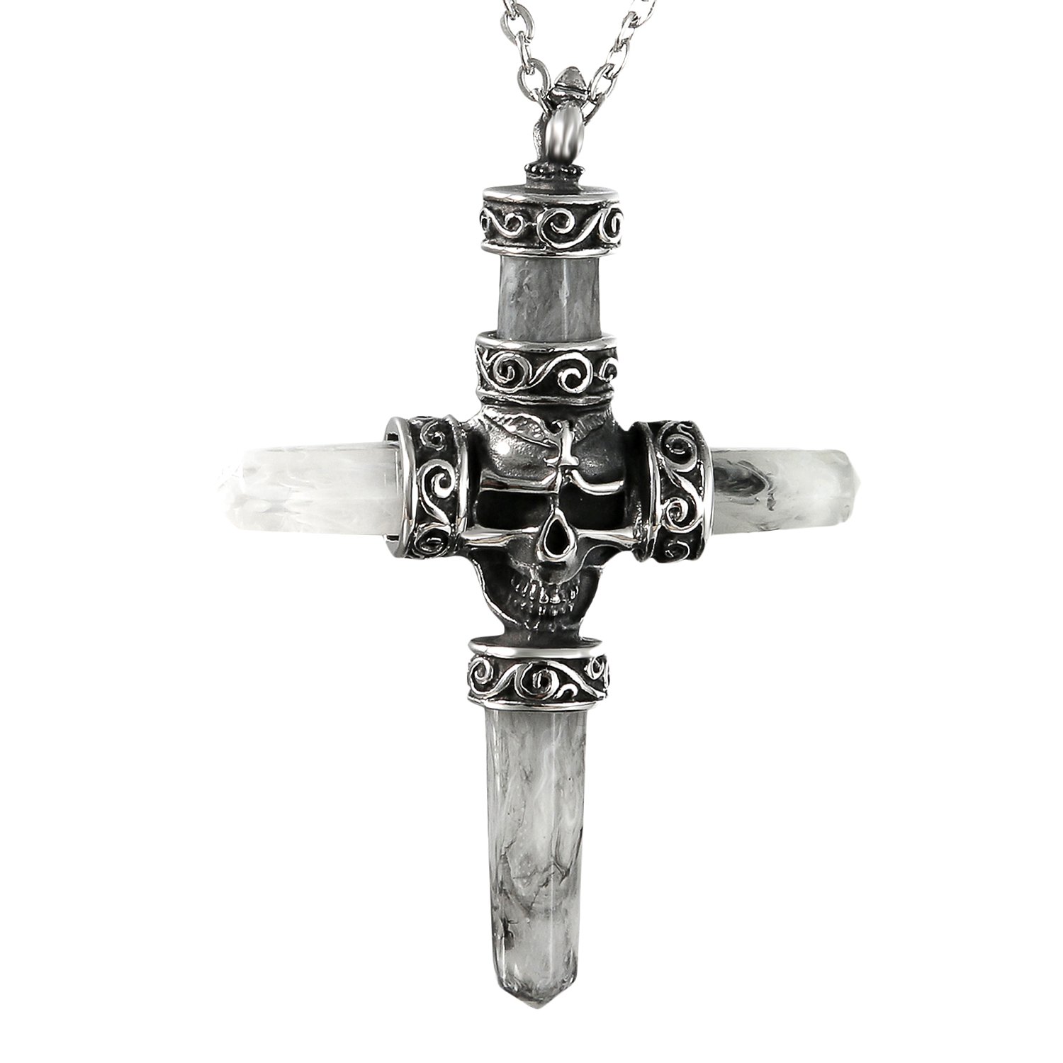 Oidea Halloween Cosplay Mens Handmade Stainless Steel Acrylic Gothic Skull Cross Pendant Necklace,22 Inch Chain Included