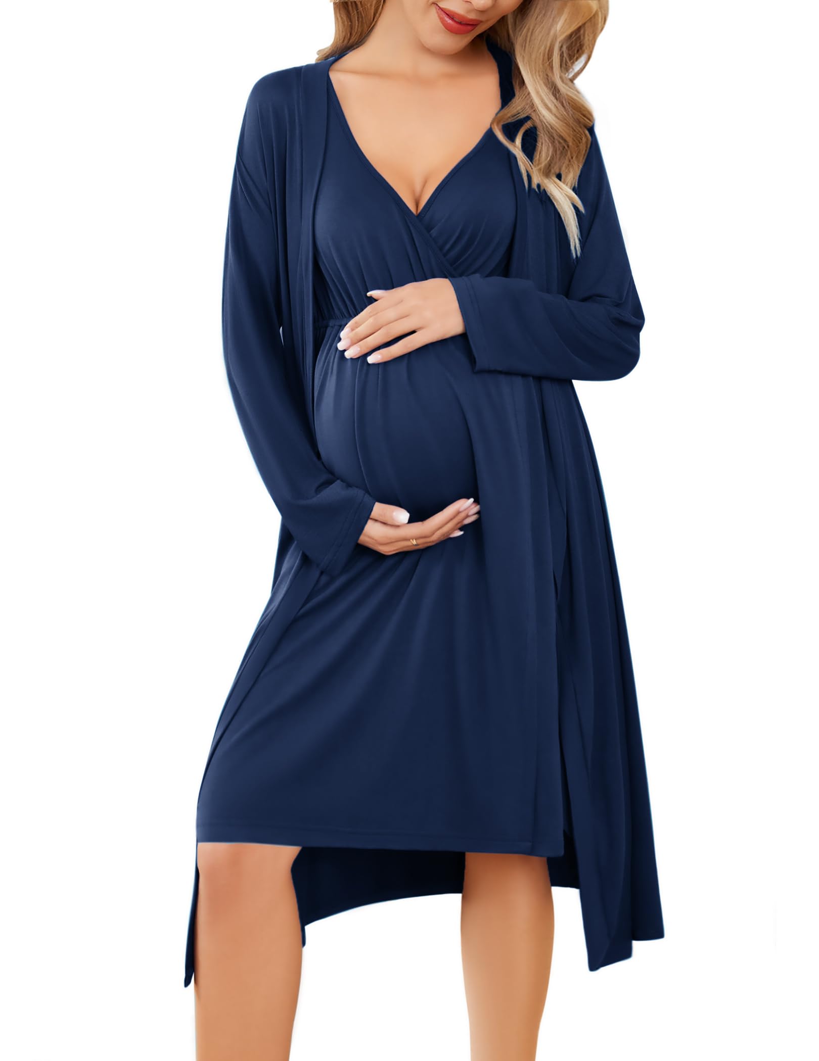 Ekouaer Maternity Nursing Gown and Robe Set Labor Delivery Nursing Nightgowns for Breastfeeding Pregnancy Clothes Navy Blue XXL Image