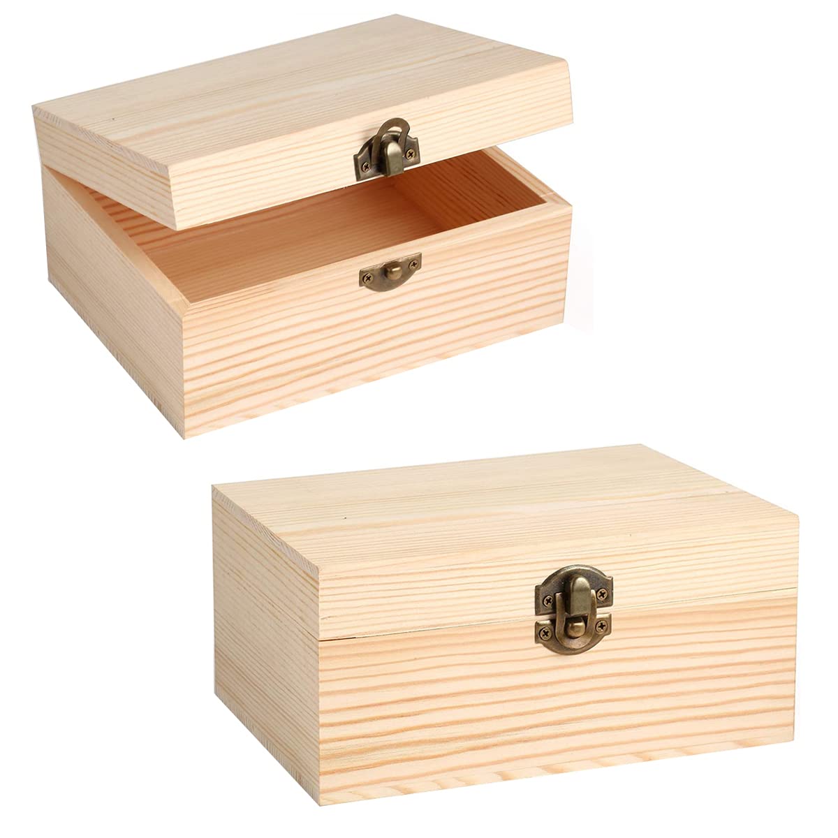 Stormshopping 2 Pack Small Wooden Storage Box, Unfinished Plain Wood Box with Lock & Hinged Lid for DIY Crafts Painting, Keepsake Box for Storage Jewellery Home Decoration - 15 x 10 x 5 cm