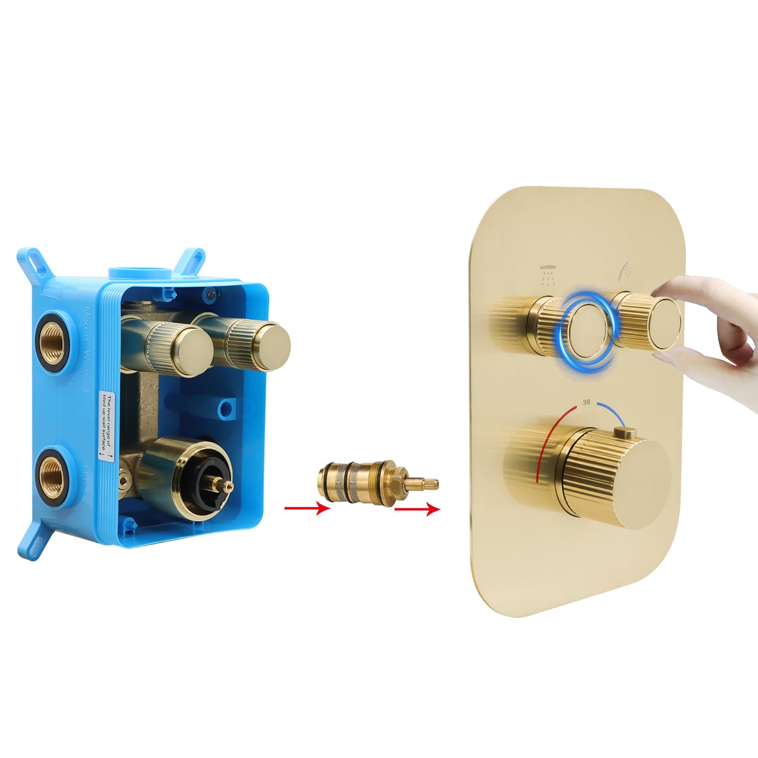 Delnet Upgraded Thermostatic Shower Mixer Valve, Dual Function Brass Shower Valve, Concealed 2 Way Shower Diverter Valve Can Control Flow and On-Off Simultaneously, Brushed Gold