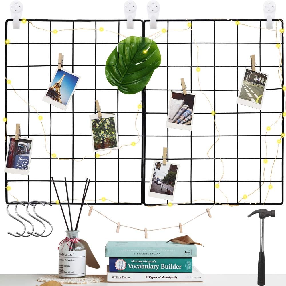 Set of 2 Wall Grid Panel and 50 LED String Lights Multifunctional Photo Hanging Display & Wall Storage Organizer with Nails, Clips, Hammers (Black, 16 X 12 Inches)