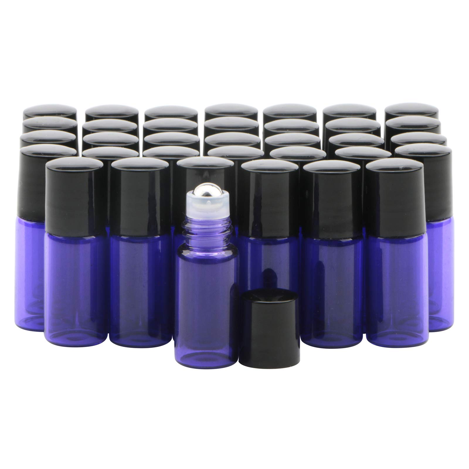 Rowiz 35PCS 3ml Colorful Glass Roll on Bottles with Stainless Steel Roller Balls and Black Screwcap (purple)
