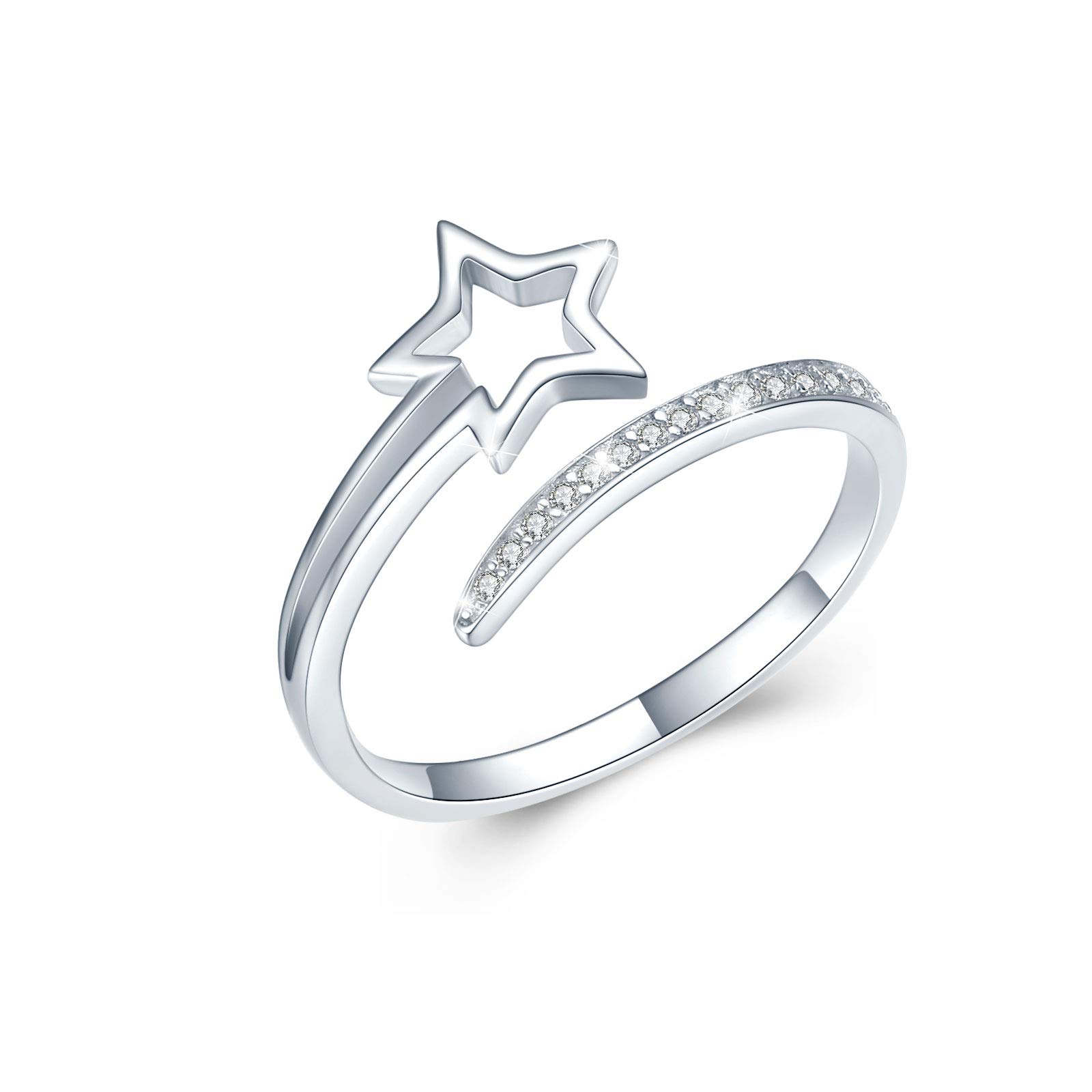 Waysles Star Ring Sterling Silver 925 Adjustable Star Open Ring Lucky Star Ring Cubic Zirconia Star Jewellery Gifts for Women Girls