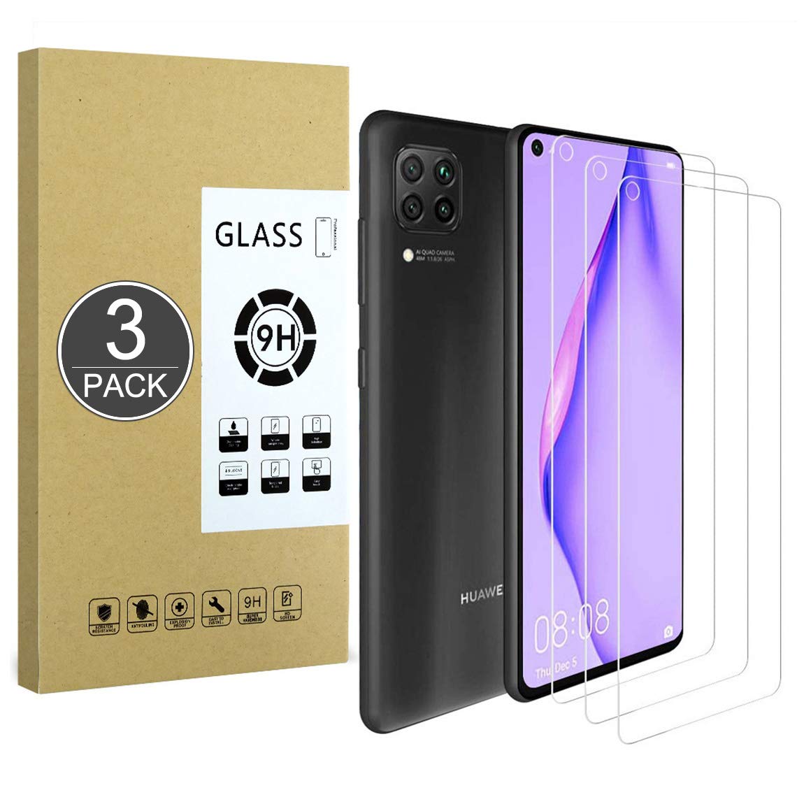 E-Hamii Screen Protector Compatible with Huawei P40 Lite [Scratch Resistant, High Definition, Bubble Free] [3 Pack] Tempered Glass Screen Protector for Huawei P40 Lite