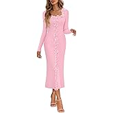 MEROKEETY Women's Fall Long Sleeve Sweater Dress 2025 Bodycon Square Neck Ruffle Ribbed Knit Midi Dresses