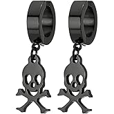 Black Stainless Steel Clip-On Hoop Earrings with Skull Crossbones Dangle Charm, Non-Piercing Huggie, Gothic Punk Biker Jewelry