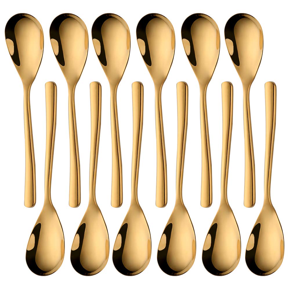 SUNSENGEUR Dessert Spoons Cake Spoon, 18/10 Stainless Steel, Oval-Shaped 7.3 inches ¨C Pack of 12, Gold