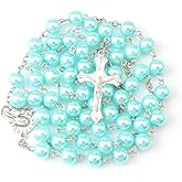 WHLHMK Rosary Beads Catholic for Women With Leather Rosary Pouch, Black Beads Rose Rosary Necklace with White Leather Pouch, Anglican Prayer Beads Christian Gifts for Women Catholic Gifts