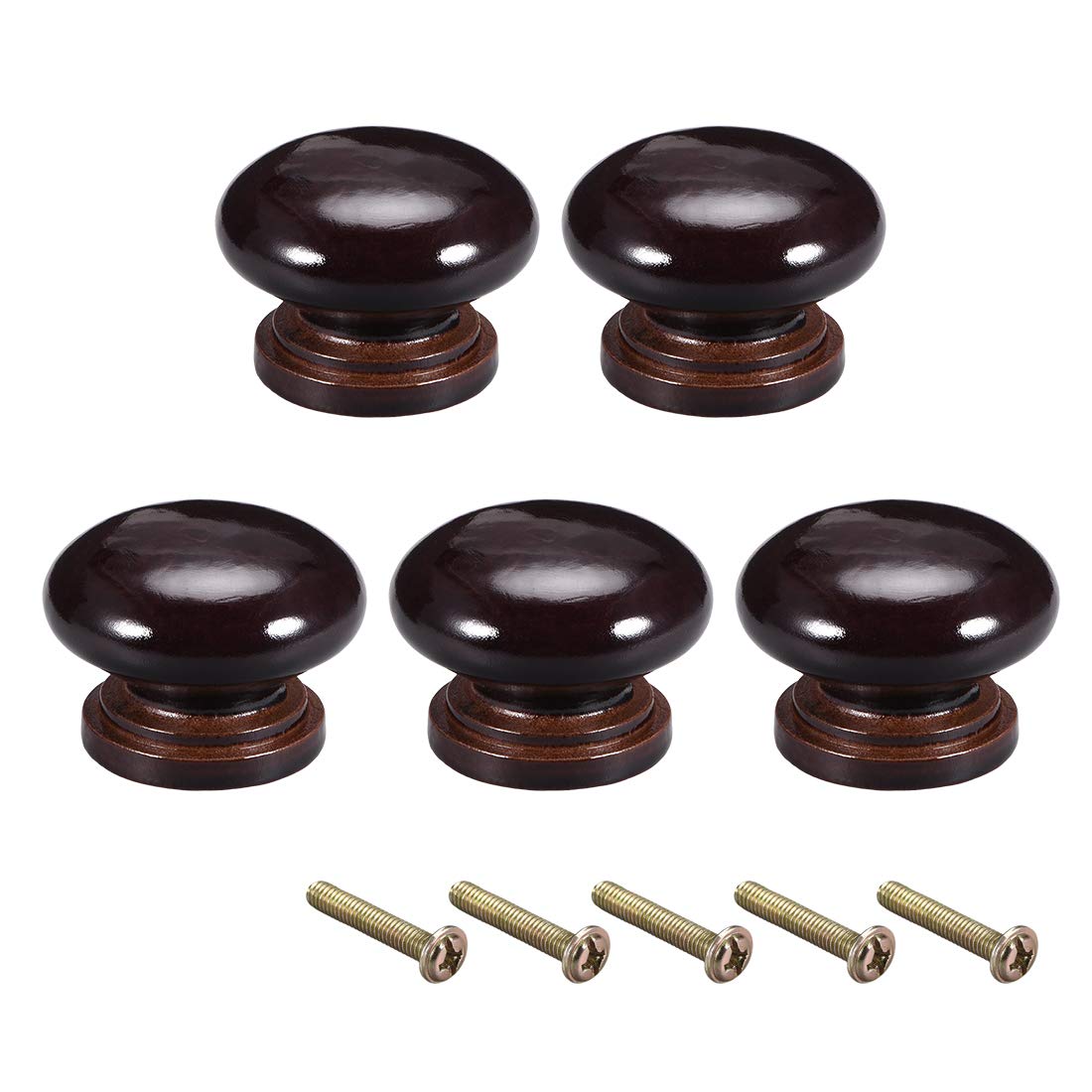 sourcing map Round Wood Knobs,5Pcs 34mm Dia Cabinet Furniture Kitchen Pulls Handles for Dresser Drawer Wardrobe, Dark Brown