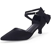 Coutgo Womens Low Kitten Heel Bow Heels Dress Shoes Closed Pointed Toe Ankle Strap Elegant Wedding Party Pumps
