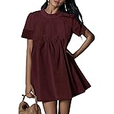 Athlisan Womens Faux Suede Mini Dress Lace Patchwork Short Sleeve Crew Neck A Line Babydoll Dress with Pockets