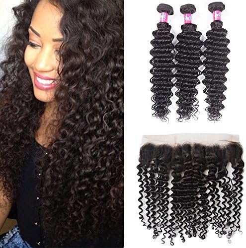 AliMomo Brazilian Deep Wave 3 Bundles With 1 pc Lace Frontal Brazilian Virgin Hair Bundles With 13x4 Closure (18 20 22+16 Frontal)
