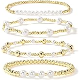 SHINUS BOHO Trendy 14K Gold Plated Pearl Crystal Cross Beaded Paperclip Stack Bracelets Sets for Women,4Pcs Stackable Trendy Waterproof Ball Stretch Jewelry