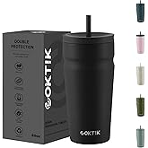COKTIK 20oz Insulated Tumbler with Lid and Straw Iced Coffee Cup Reusable Stainless Steel Travel Mug Water Bottle Cupholder Friendly for Women Men Her Him (Black)