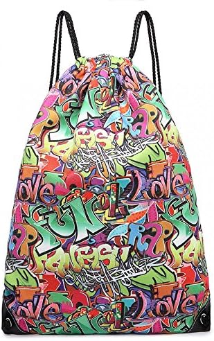 The Olive House® Graffiti Print Canvas Drawstring Slipper PE Gym Backpack Bag