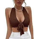 Amarmia Women's Sexy Deep V Neck Crop Tops Halter Knit Ribbed Bow-Knot Front Backless Cleavage Cropped Tank Top