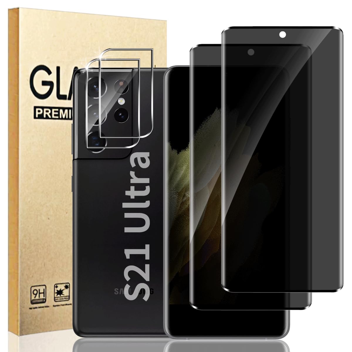 2+2 Pack Galaxy S21 Ultra Privacy Screen Protector with Camera Lens Protector, 9H Hardness Tempered Glass, Easy to Install,Scratch Resistant,for Galaxy S21 Ultra Glass Screen Protector 6.8 Inch