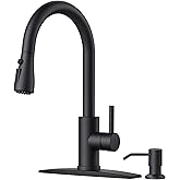 FORIOUS Black Kitchen Faucet with Soap Dispenser and Pull Down Sprayer, Bar High Arc Single Handle Classic 3 Modes Stainless Steel Faucet for Kitchen Sink Farmhouse RV Laundry Camper