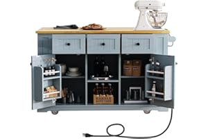 Kennkari Rolling Kitchen Island on Wheels with Drop Leaf, Wide Moblie Kitchen Island with Storage Cabinets and Power Outlet, Large Island Table with Towel Rack and Spice Rack (Grey Blue)