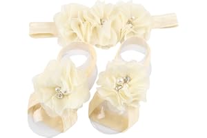 LDDCX Baby girls infant crochet butterfly headbands and knitted flower barefoot sandals.(BBFJ3) (Beige)