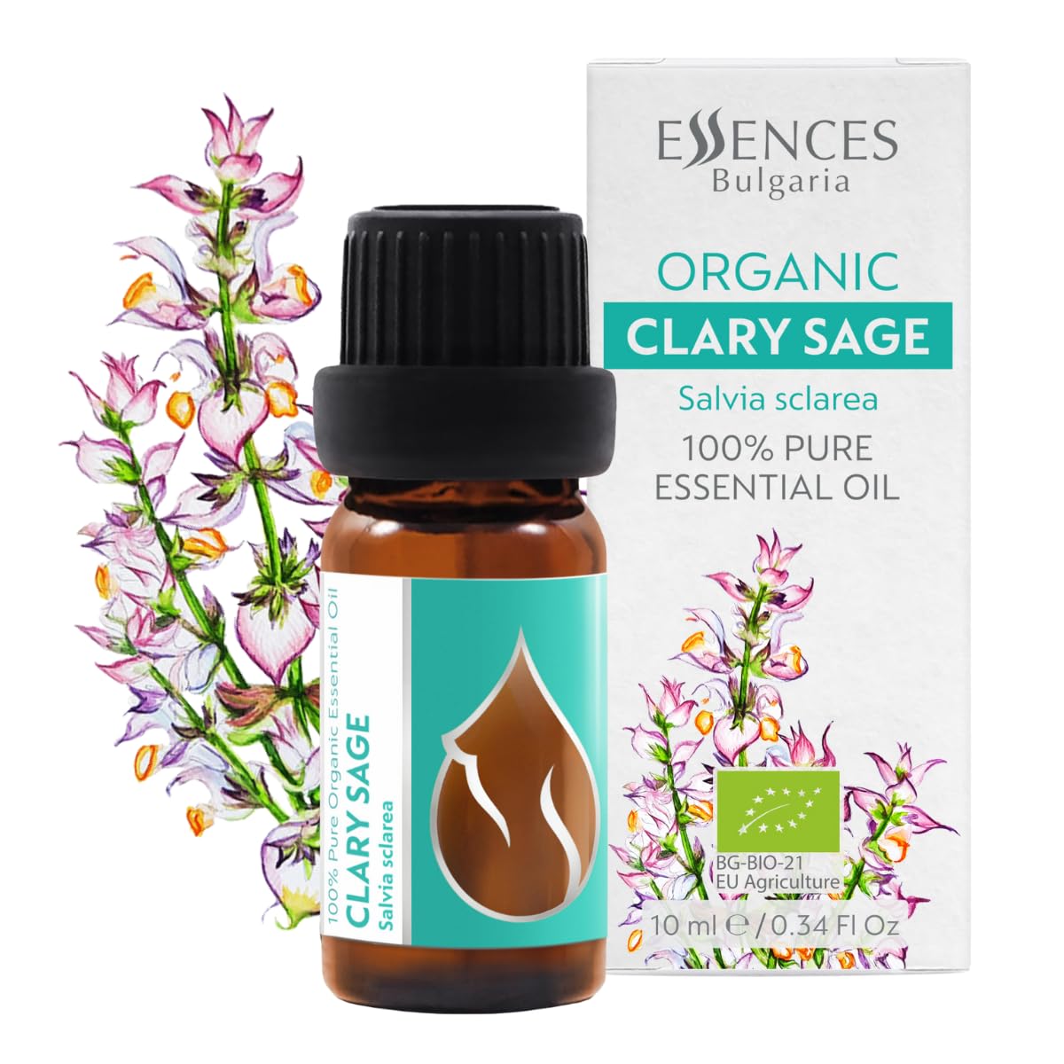Essences Bulgaria Organic Clary Sage Essential Oil 10ml | Salvia sclarea | 100% Pure and Natural | Undiluted | Therapeutic Grade | Family Owned Farm | Steam-Distilled | Non-GMO | Vegan
