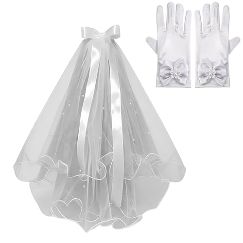 White Veil and Gloves for Girls,Bridal White Satin Bow Veil, Kids Wedding Party Accessories Costume, Flower Girl Bridal Headband Pearl Veils First Communion Two-Tier Design With Hair Comb