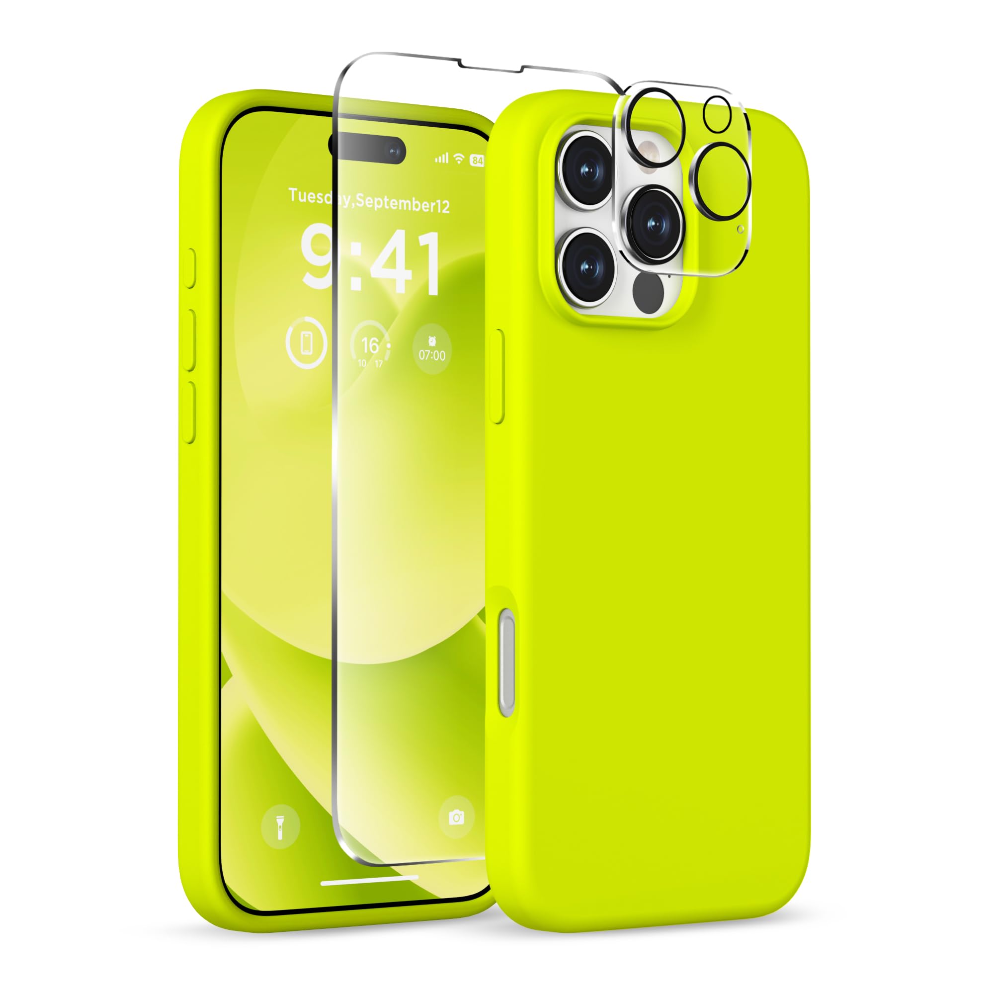 COFFKER Magnetic for iPhone 16 Pro Case, Compatible with MagSafe, Liquid Silicone Phone Cover with Screen Protector & Camera Protector, Soft Anti-Scratch Microfiber Lining Inside 6.3", Neon Yellow