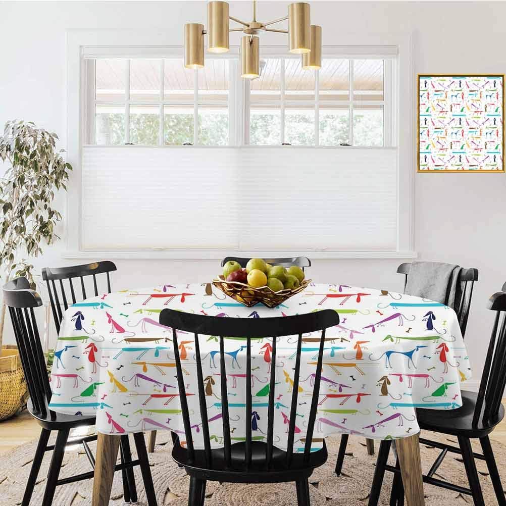 shirlyhome Dog Lover Outdoor Table Cloth Waterproof Dachshund Cartoon Doodles with Various Stances Pointing Smelling Running Standing Decorative Round Tablecloth Multicolor (Diameter 60")