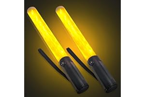 ELLUMIN 2 Pack Traffic Wand, 14-inch Yellow Traffic Control Baton with 3 Flashing Modes, Night Safety Signal Wand with White LED on Top for Airport Marshaling, Parking, Car Directing.（Yellow, 2pack