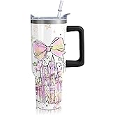 Hachishun 40oz Cartoon Castle Theme Tumbler | with Handle and Lid and Straw | Bowknot and Firework Travel Coffee Mug -Birthday,Christmas Gift
