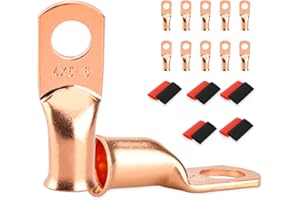SDZONGES 10 PCS Battery Terminal Connectors, Battery Cable Ends Lugs, 4 Gauge Wire Connectors, 4 AWG 5/16" Stud Ring Terminals, Copper Wire Lugs with Heat Shrink Tubing.