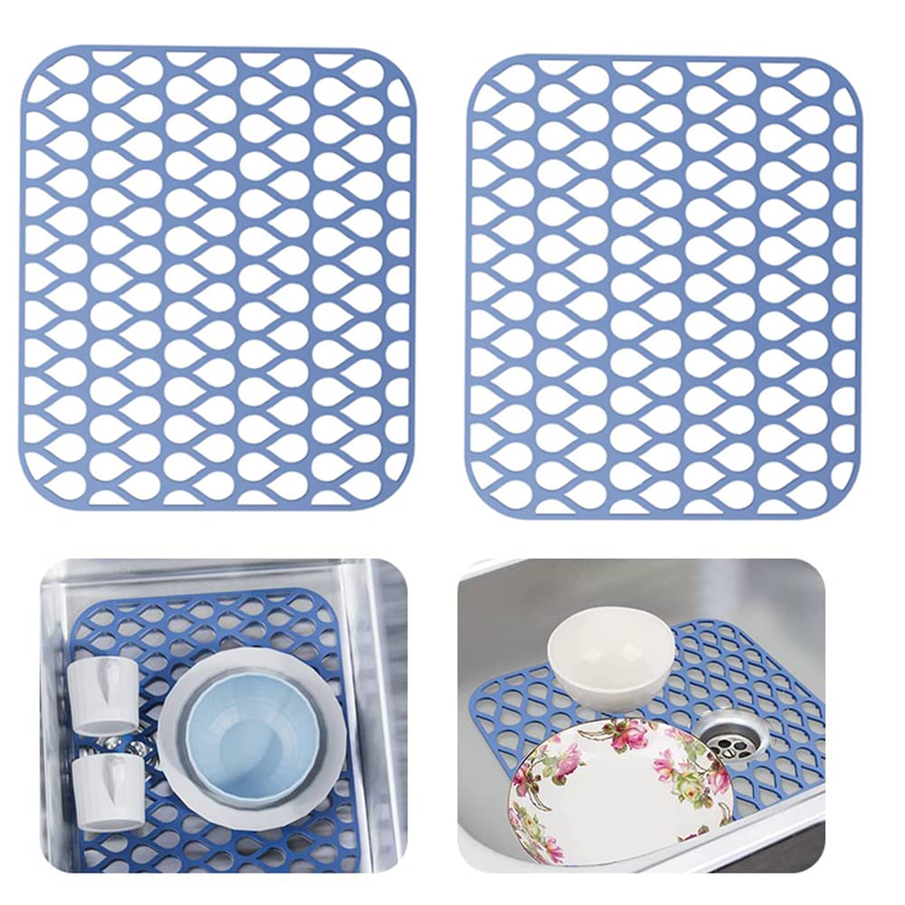 2 PCS Kitchen Sink Protector Mat, Silicone Non Slip Drainer Grid Mat Folding Heat Resistant Dish Drying Mats for Farmhouse Stainless Steel Sink (Blue)