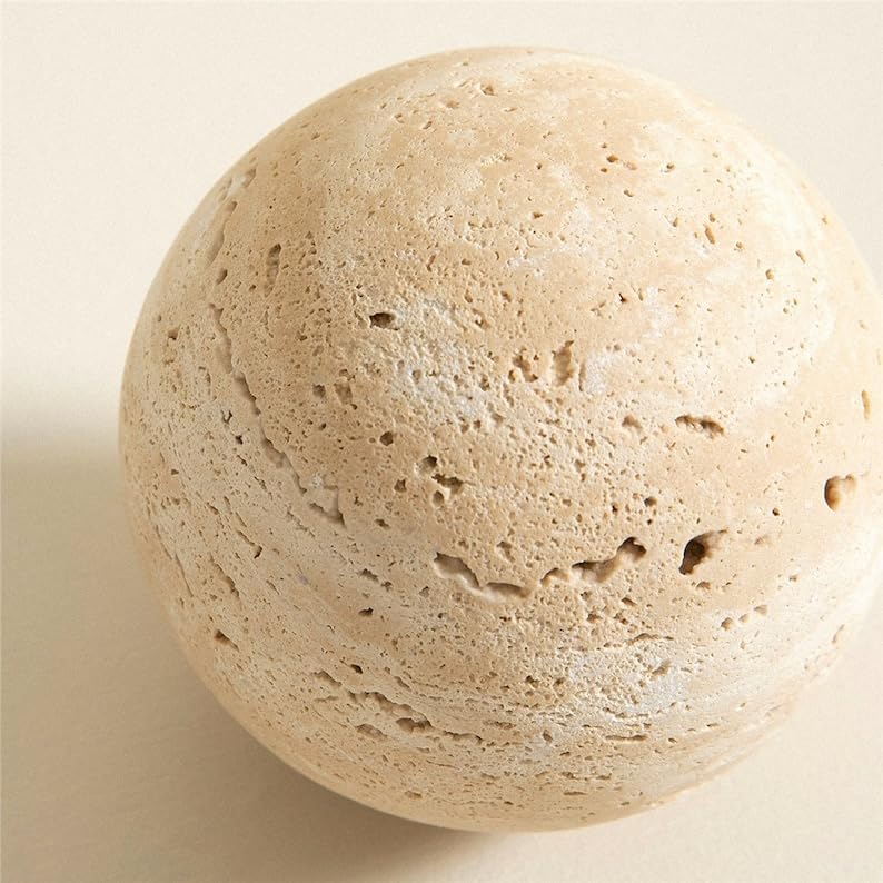 VFDOM 4-Inch Honed Cream Beige Travertine Sphere - Natural Stone Decorative Ball for Shelves, Coffee Tables & Gardens