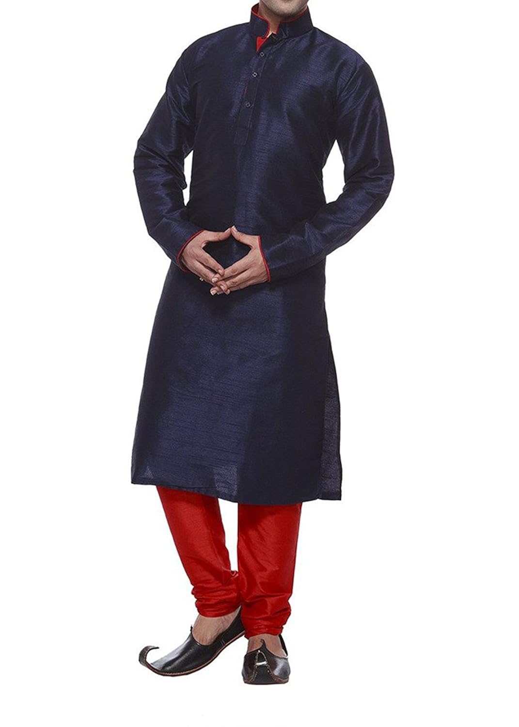 modern garments men's blue & red dupioni silk kurta pyjama