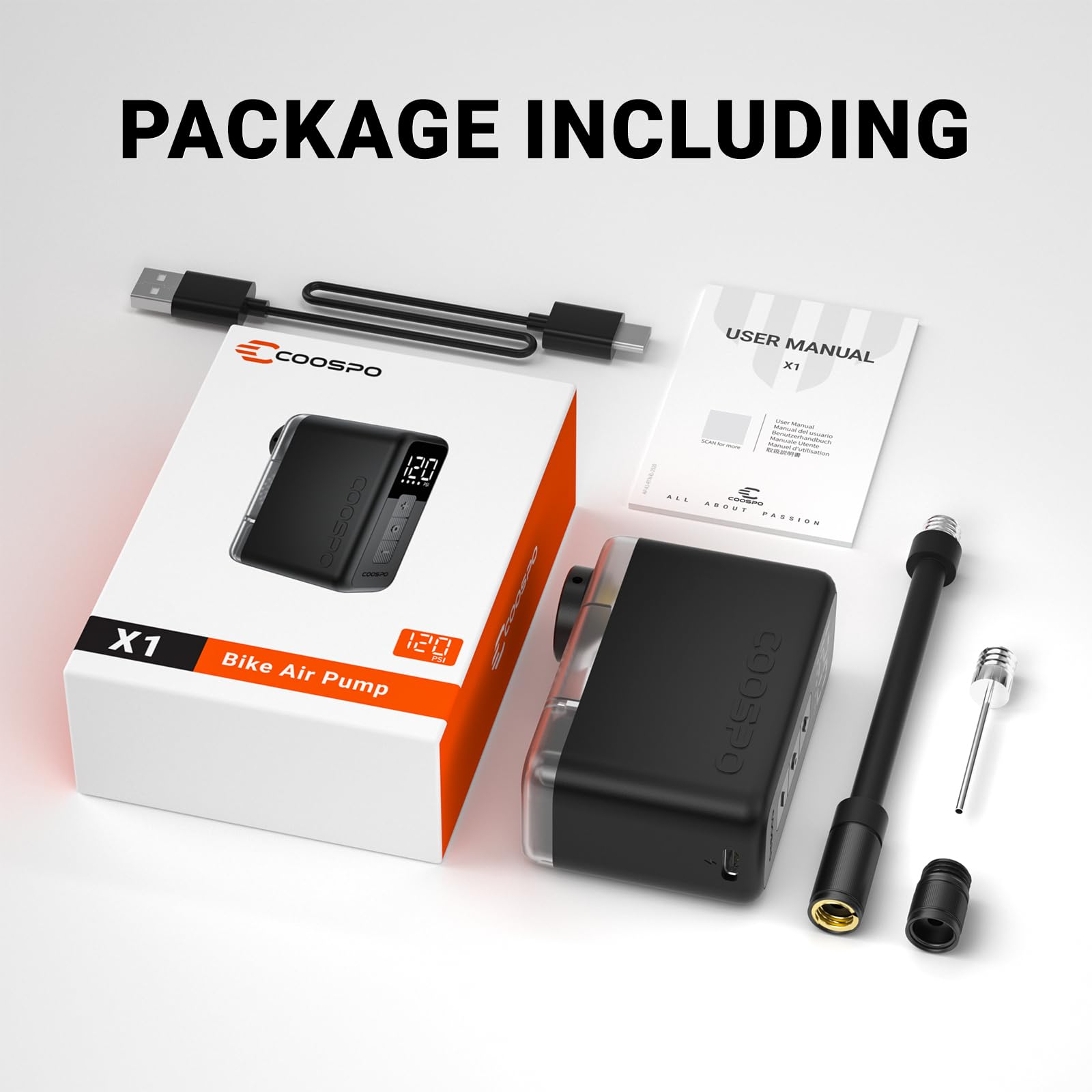 COOSPO Tiny X1 Mini Electric Bike Pump with Gauge, 120PSI Portable Bicycle Tire Inflator, Auto Stop, Fast Inflation for Presta & Schrader Valves, USB-C Rechargeable, Compact for Road/Mountain Bikes