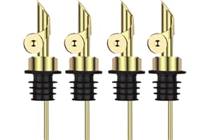 LUBISE 4 Pcs Olive Oil Dispenser with Flip Top, Stainless Steel Auto Pour Spouts for Liquor, Oil, Vinegar, Syrup and Other Liquid Bottles - Gold