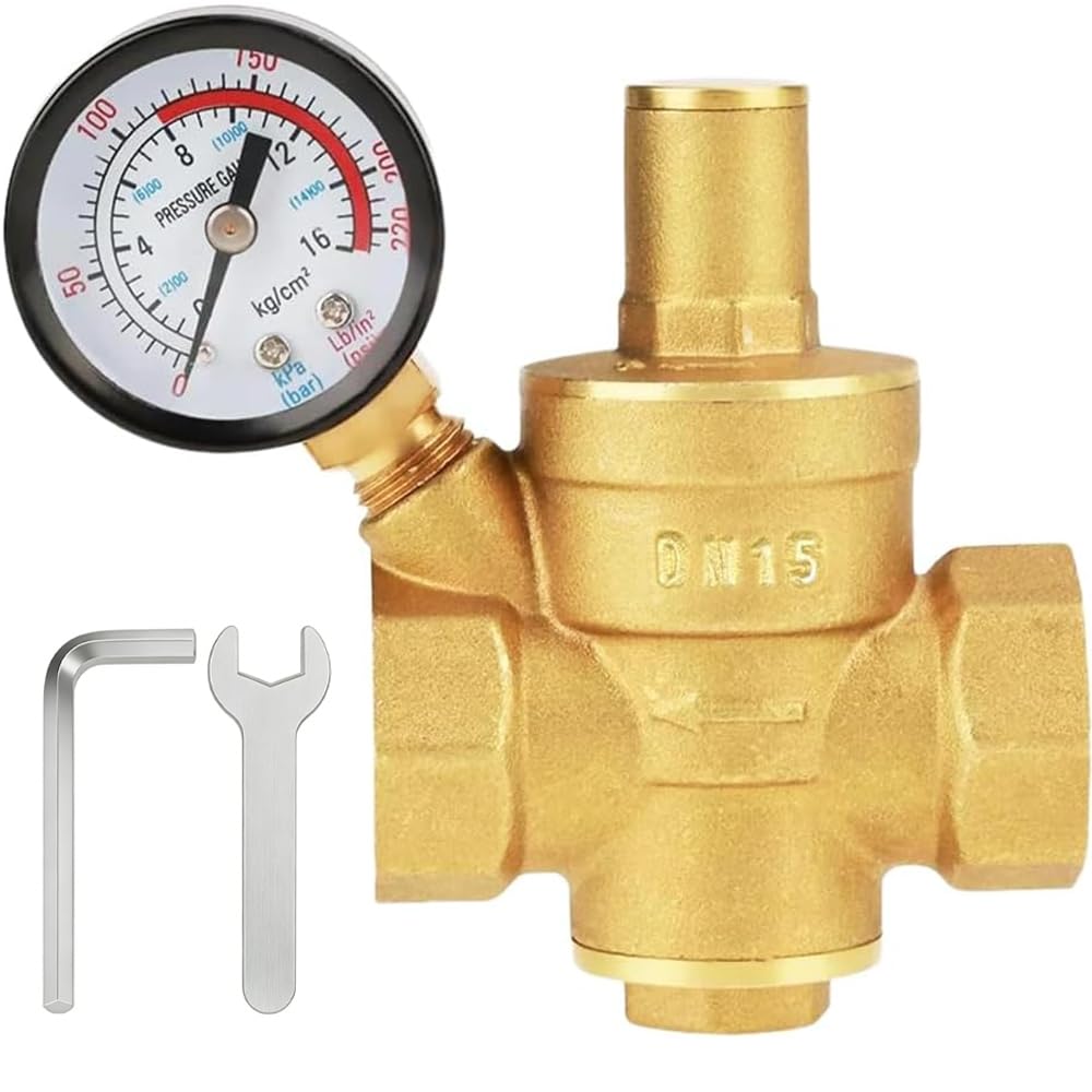 NICEWAT Pressure Regulator Water 1/2 Inch DN15 with Pressure Gauge, Adjustable Water Pressure Regulator, Made of High Hardness Brass, Water Pressure Regulator for Water Pressure Relief Valve