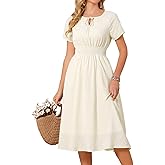 Seta T Women's Smocked Dress Tie V Neck Short Sleeve A Line Flowy Casual Summer Midi Sundresses with Pockets