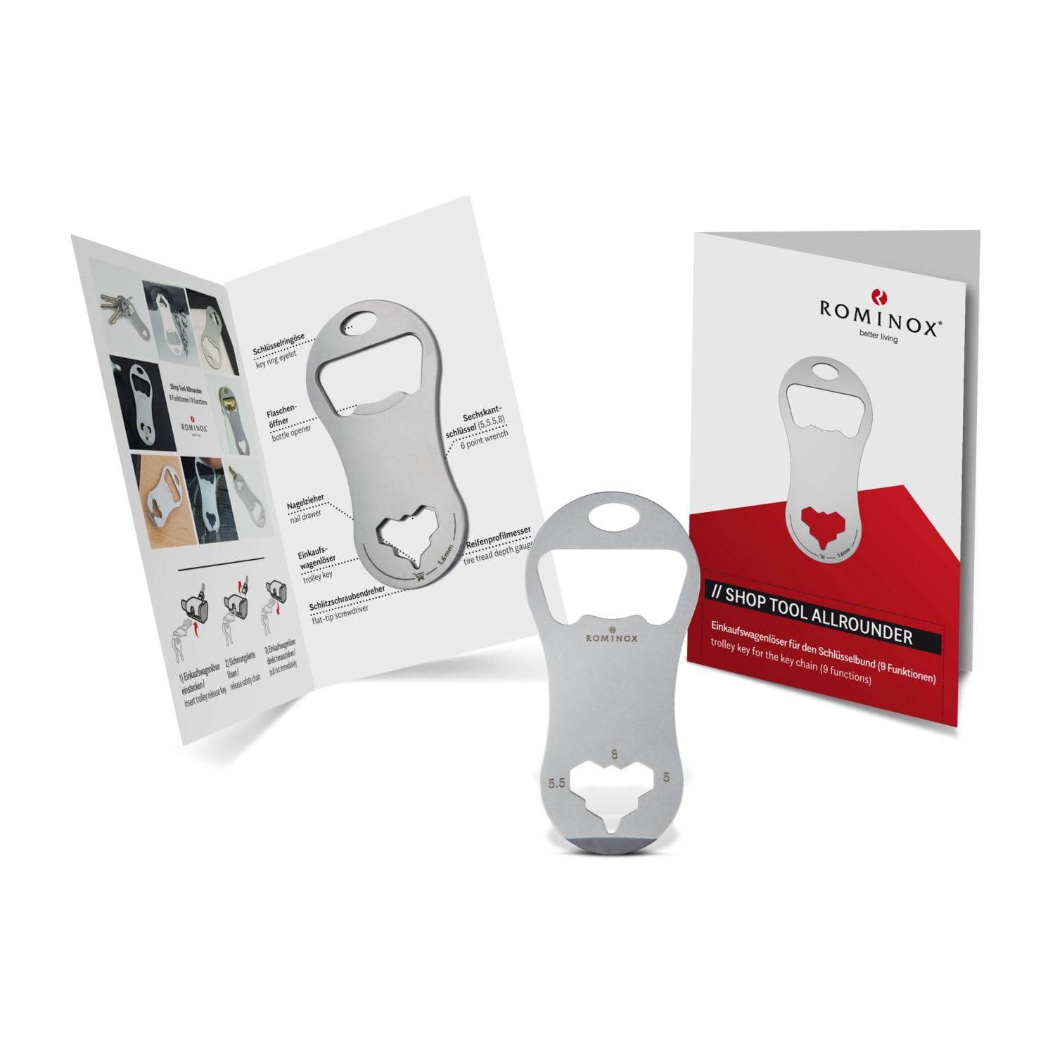 Gift Item: ROMINOX Shop Tool, Allrounder – 8 Functions, Shopping Trolley Remover with Additional Functions, Stainless Steel Key Tools, Multifunctional Tool, Includes Function Description