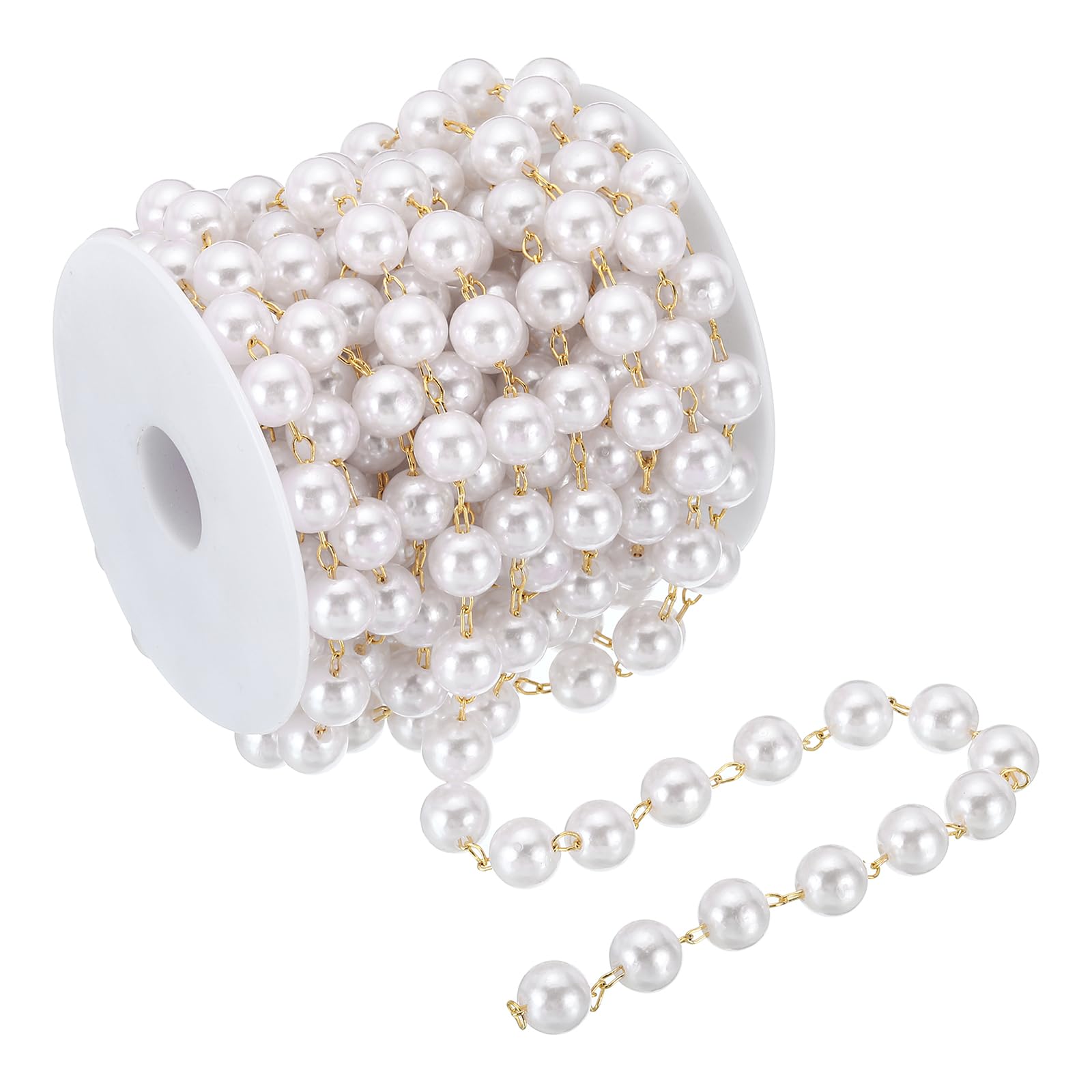 PATIKIL 5m/16 Feet Faux Pearl Beading Chain with Spool, 10mm Brass Chain Link for Decoration Making DIY Accessories Style 1, Dark Gold