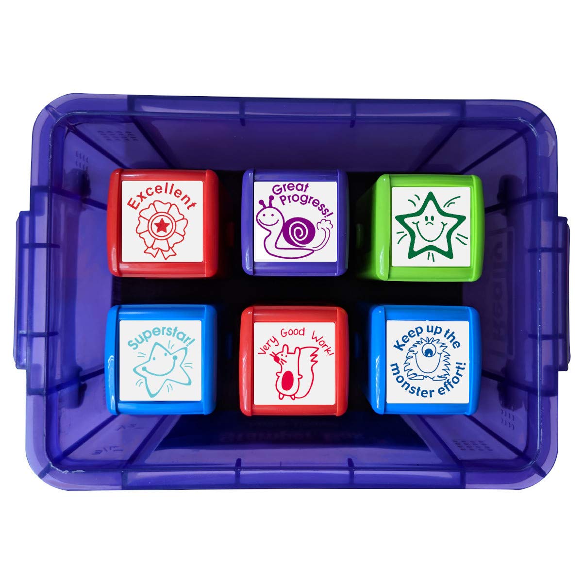SuperStickers Effort and Praise Stampers - 6 Different stampers for Teachers in a Storage Box.