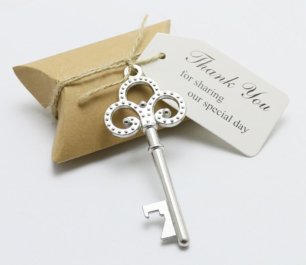 50pcs Wedding Favors Candy Box w/ Antique Skeleton Key Bottle Openers Escort Card Thank You Tag Pillow Box (Key Style #4)