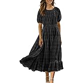 YESNO Women's Summer Floral Maxi Dresses Boho Puff Sleeve Casual Drawstring Ruffle Tiered Hem Beach Dress with Pockets ECS
